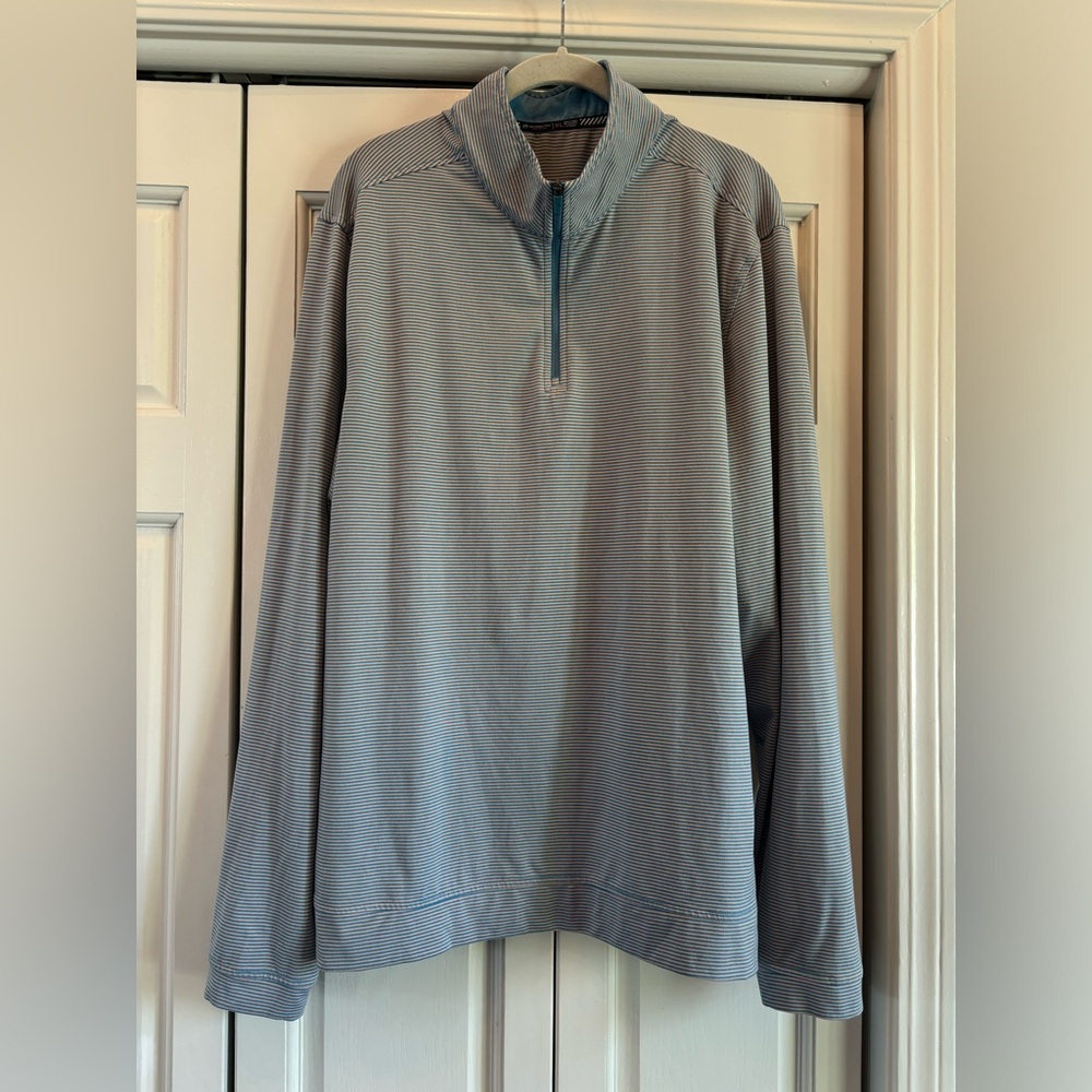 Southern Tide, Tide to Trail, Cruiser, blue & peach/pink stripe quarter zip, XL